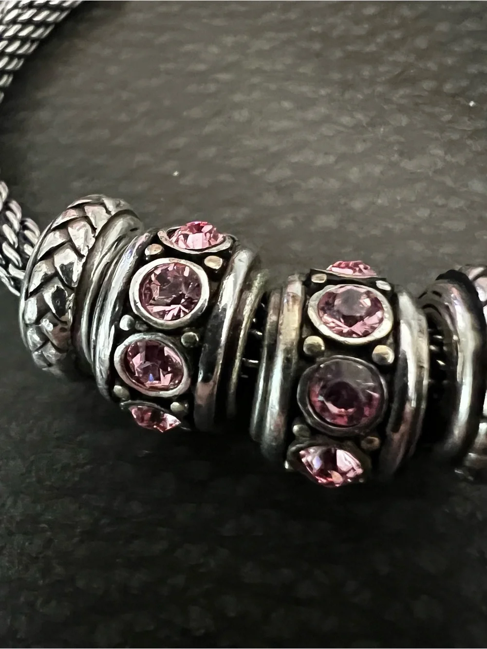 Silvertone Mesh Bracelet with Pink Crystal Spacer Beads